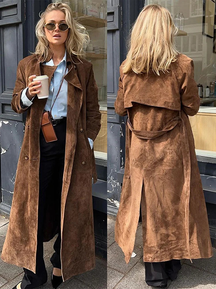 Dynamic- Casual Autumn Suede Long Coat for Women – Elegant Turn-Down Collar, Lace-Up, Split Design Office Outwear